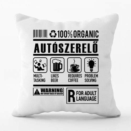 100% Organic Autószerelő feliratos párna