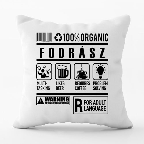 100% Organic Fodrász feliratos párna